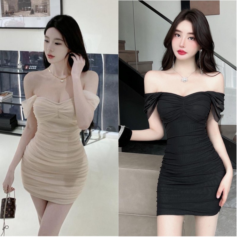 มินิเดรส สีดำ เปิดไหล่ ผ้าชีฟองมีซับในและบราในตัว สม็อคด้านข้างลำตัว ทรงเข้ารูป Dress เดรสออกงาน #9724