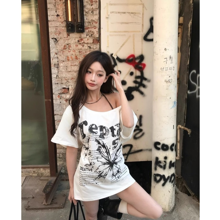 เสือยืด เสื้อยืดออเวอร์ไซส์ ปาดไหล่ ใส่พักร้อน เนื้อผ้านิ่ม#92300 - รูปที่ 5