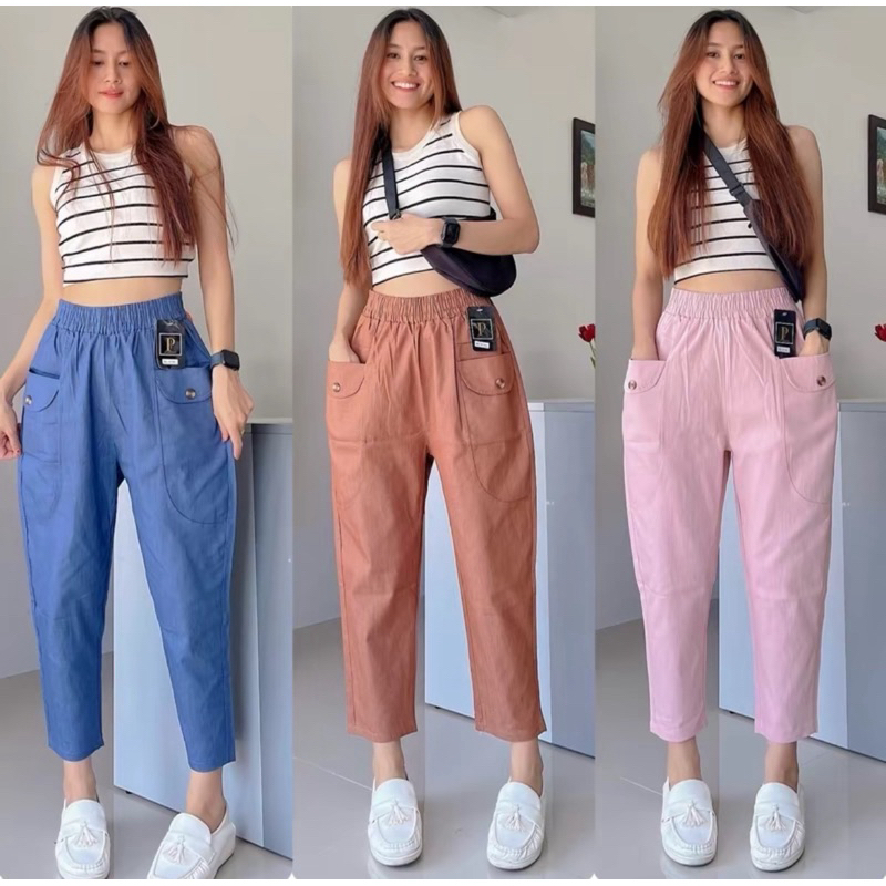 PRK รหัสA94C ผ้ายีนส์กางเกงทรงวอลลุ่ม ฝเอวยางยืด กระเป๋าสองข้างขา8ส่วน