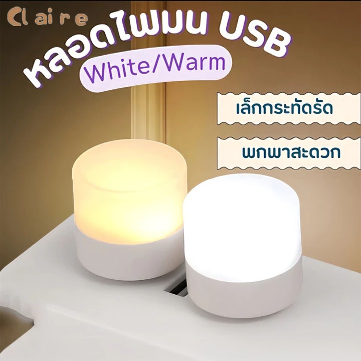 COD หลอดไฟ LED USB 2W หลอดไฟขนาดเล็ก แสงขาว วอร์ม แสงเหลือง ไฟมินิ Claire