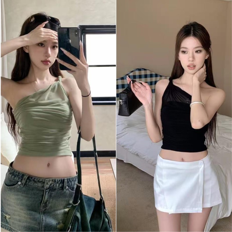 เสื้อครอปปาดไหล่ สีดำ มีซับใน ผ้าซีทรูทรงเกาะอก ดีเทลผ้าม้วนตรงไหล่ สม็อคด้านข้างลำตัว เสื้อยืด #0211