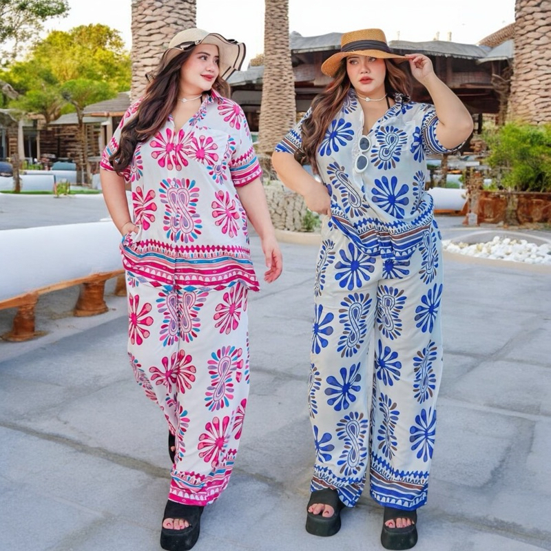 ชุดเซตผ้าสปัน(ผ้าสปัน นิ่ม บาง) พิมพ์ลาย  ลายสดใส  เสื้อเชิ้ต+ กางเกงกระบอกใหญ่ มีกระเป๋าข้าง 40″-60″