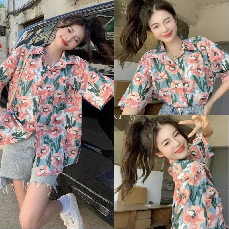 เสื้อสงกรานต์ผู้หญิงลายดอก คอปก แขนสั้น ผ้าไหมอิตาลี 3006