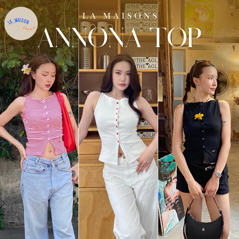 เสื้อแขนกุด คอปาด แต่งกระดุม ผ้าcottonทอร่อง Annona Top