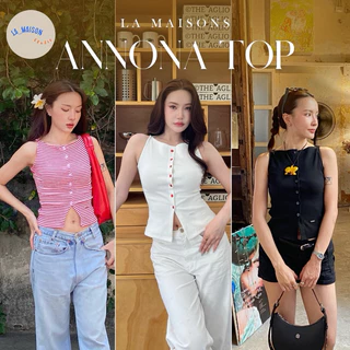 เสื้อแขนกุด คอปาด แต่งกระดุม ผ้าcottonทอร่อง Annona Top
