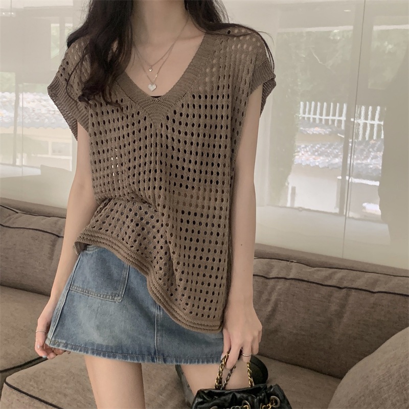 เสื้อไหมพรม ตาข่าย คอวี เนื้อผ้าเบาบาง ใส่สบาย #1508