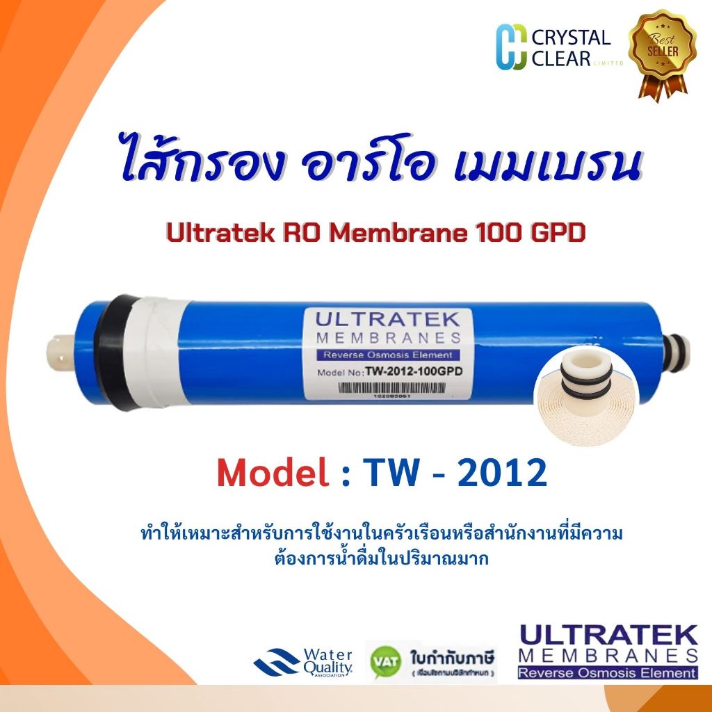 ไส้กรอง อาร์โอ เมมเบรน 12 นิ้ว 100 GPD Model:TW-2012 ULTRATEK RO Membrane ความสามารถในการกรองสูงสุด – โปรปัง