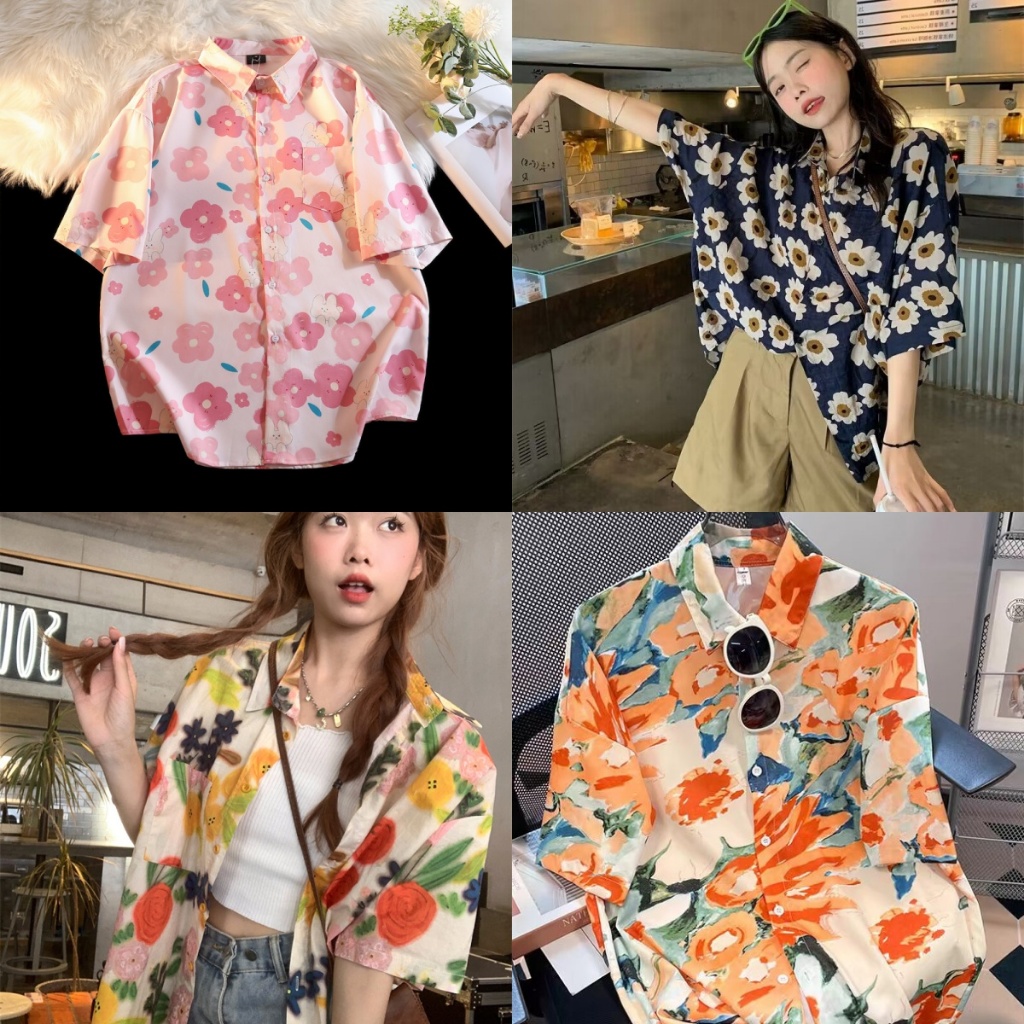 Beryl🌻เสื้อลายดอก เสื้อเชิ้ตฮาวายผู้หญิง  ทรงหลวม สไตล์ญี่ปุ่น ฮ่องกง  ย้อนยุคหวานเย็นดอก แขนสั้น