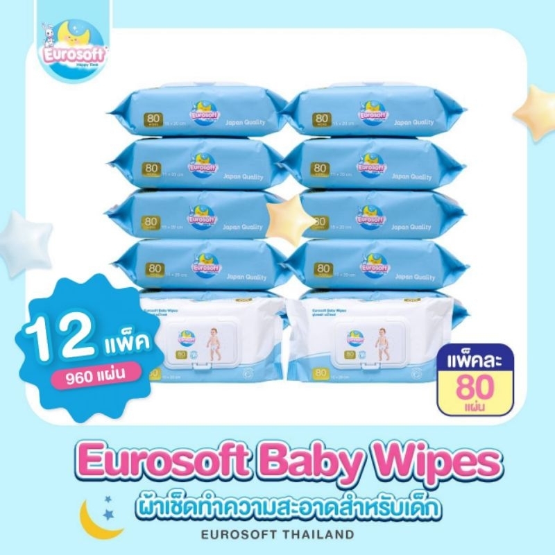 Eurosoft Baby Wipes 12 แพ็ค ผ้าเช็ดทำความสะอาดสำหรับเด็ก ทิชชู่เปียกสำหรับเด็ก สูตรอ่อนโยน