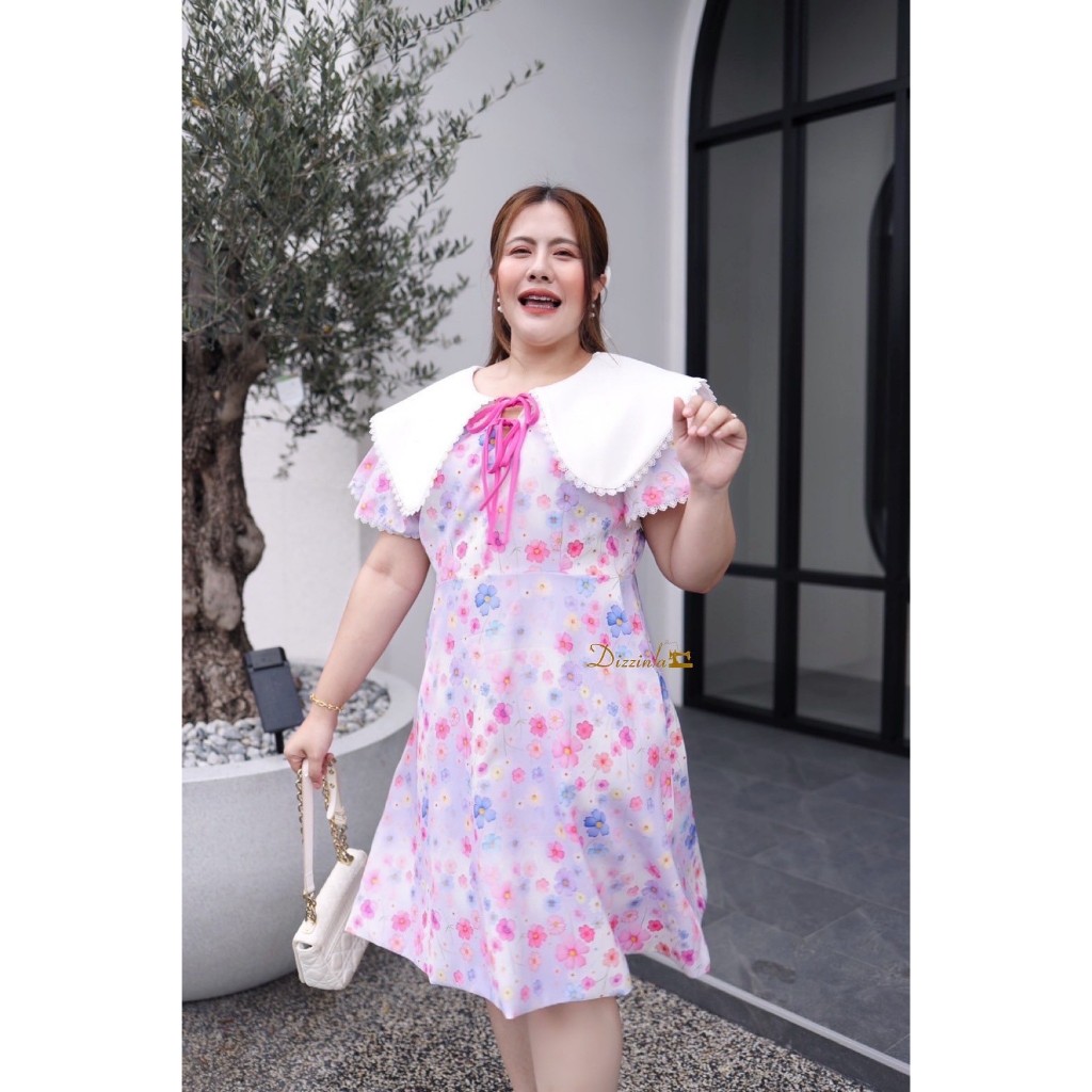 Dz324-Spring Darling Dress'เดรสคอปกดอกม่วงพาสเทล