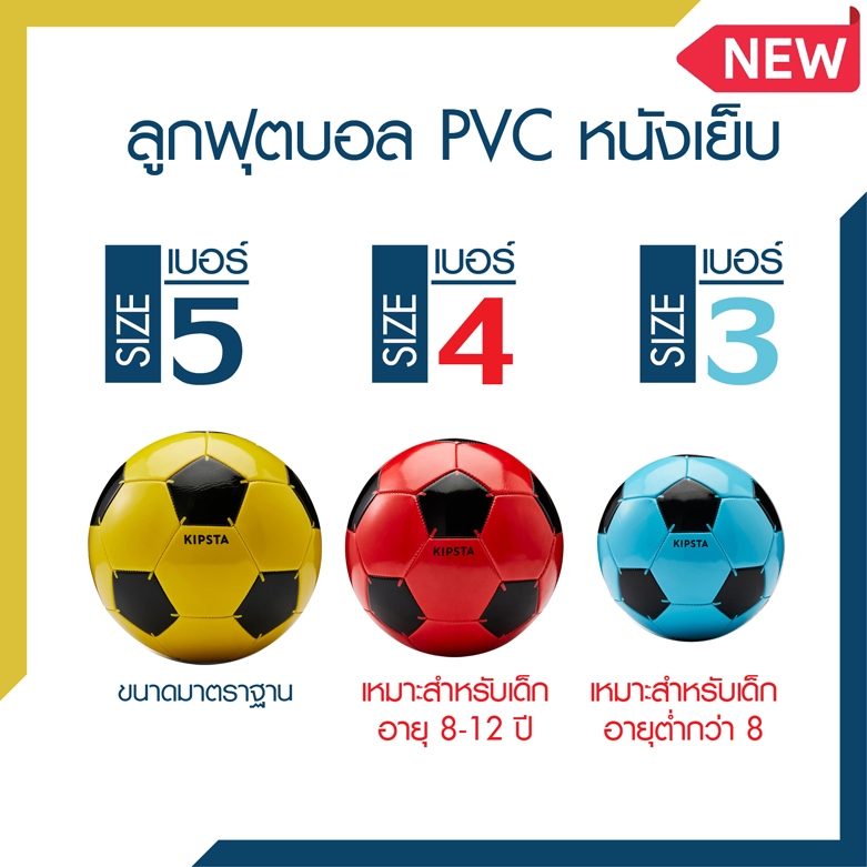 ลูกฟุตบอล ลูกบอล เบอร์ 5, 4, 3  หนังเย็บ PVC Football Soccer Ball Size 5, 4, 3