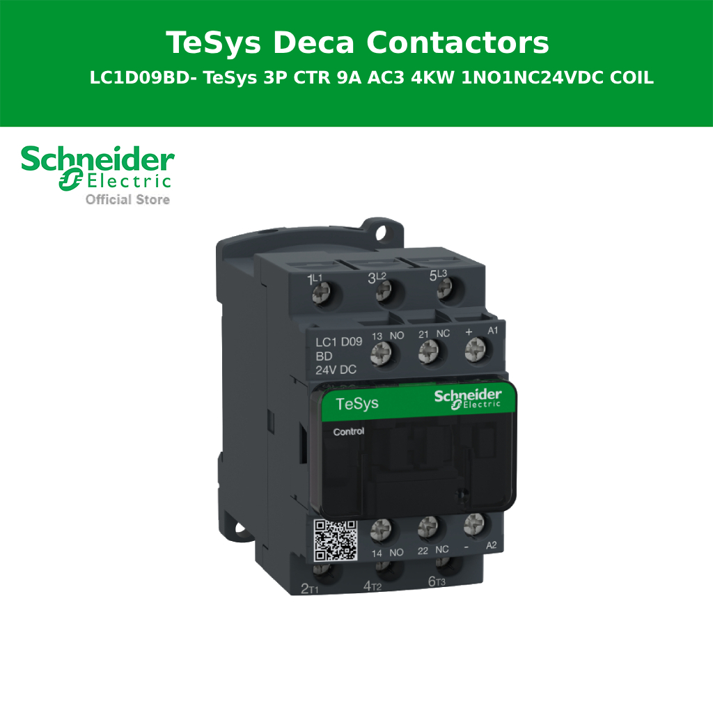 Schneider Electric Contactor, รุ่น Tesys Deca, 3P(3 NO), AC-3/AC-3e, 0 to 440V, 9A, 24VDC coil (LC1D