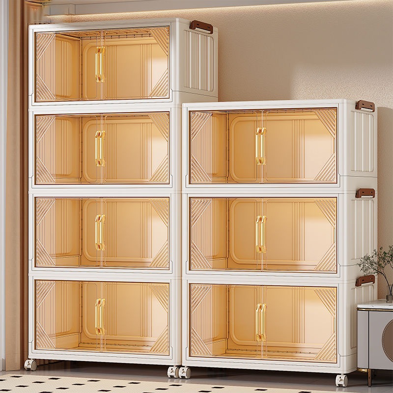 ตู้เก็บของขนาดใหญ่ 70cm 5 ชั้น ละโปร่งใส ตู้เก็บของพลาสติกมัลติฟังก์ชั่นตู้เก็บของตู้เสื้อผ้าที่มีล้อสามารถพับเก็บได้