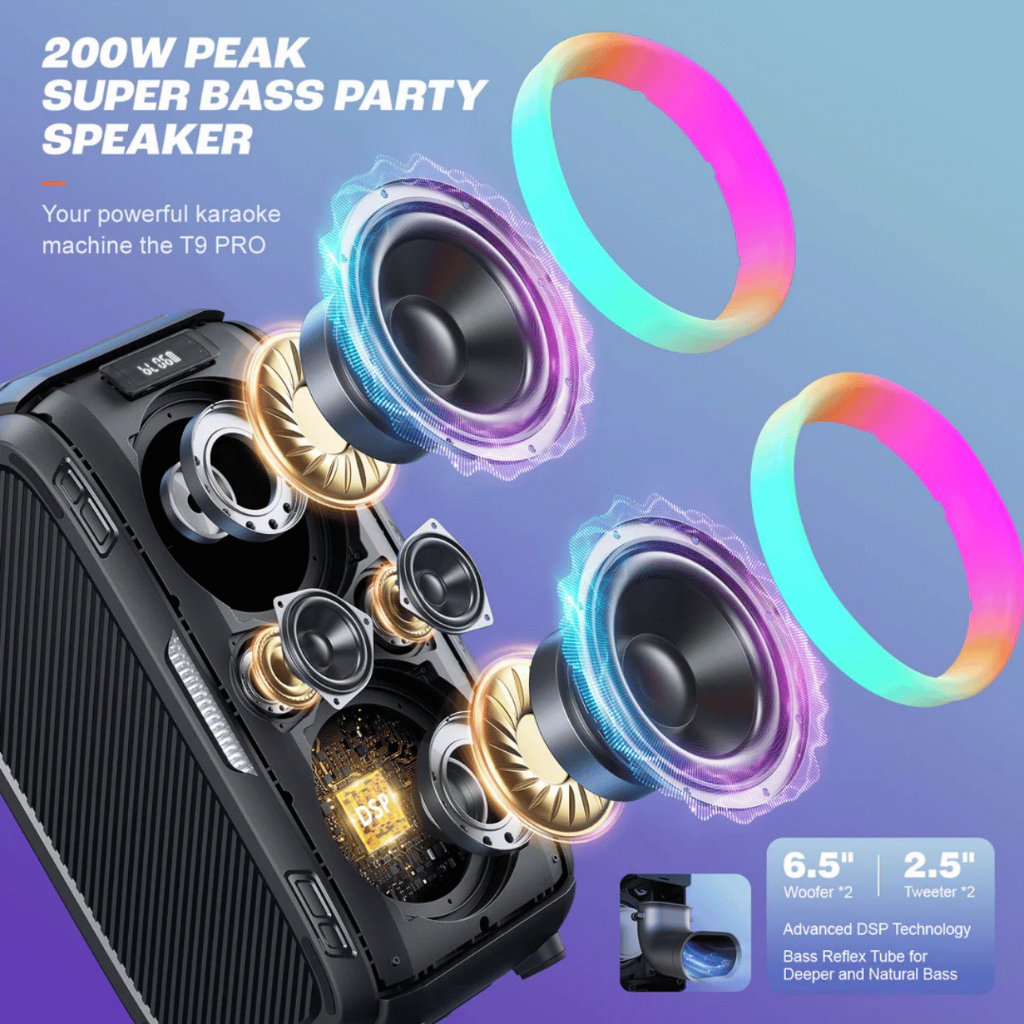 W-KING T9 PRO Party Speaker ลำโพงบลูทูธ 120W ไฟ LED แบตเตอรี่ในตัว พร้อม ไมค์ลอย 2 ตัว เบสหนัก