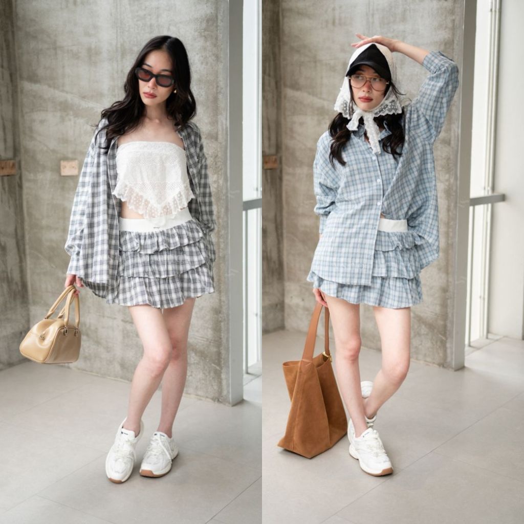 พร้อมส่ง Set เชิ้ตแขนยาวลายสก็อต+กป.สั้นชั้นๆ งานป้าย Vshopbrand