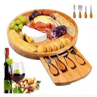 🧀ถาดไม้ชีสบอร์ด ถาดเสิร์ฟ ชุดเขียงไม้ไผ่ทรงกลมพร้อมชุดมีดหั่…