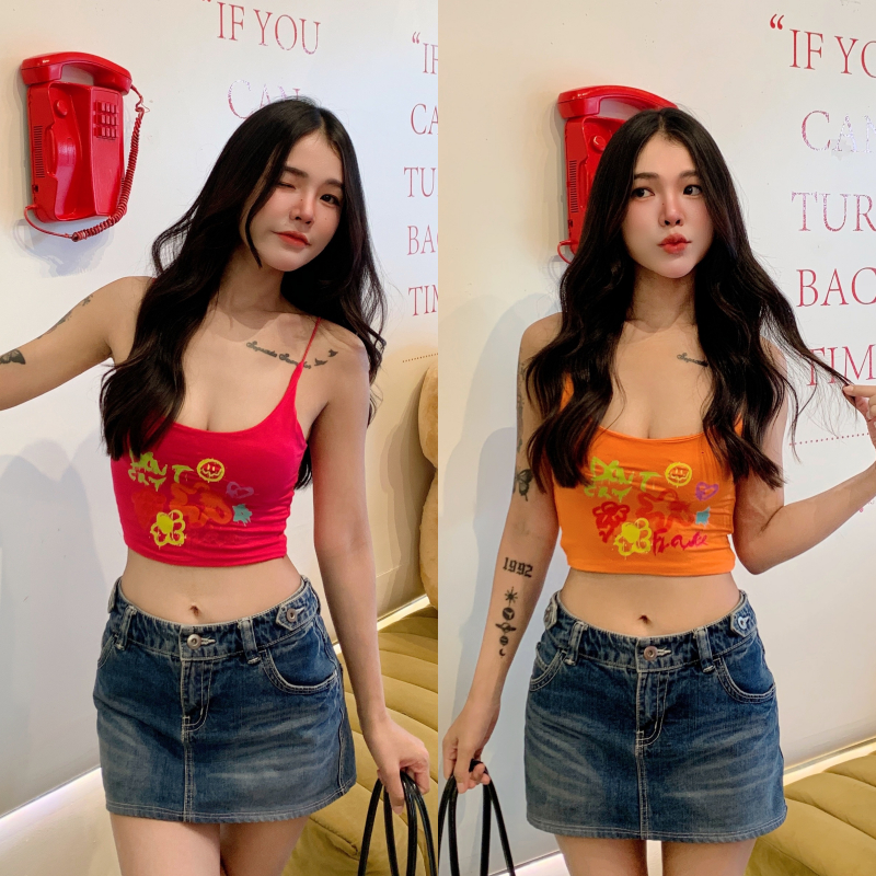 🌈SpinnyHouse🌈เสื้อสายเดี่ยว เสื้อใส่เล่นสงกรานต์ สายเดี่ยว ผ้าเรย่อนยืดเยอะ ผ้าเรย่อน 2 ชั้น รุ่น เดี่ยวสั้นNEON
