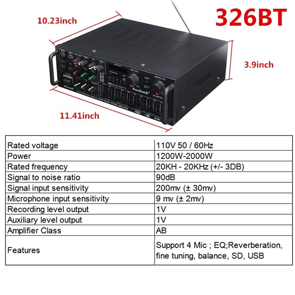 🔥COD🔥Sunbuck Home Power Amplifier Built-in Bluetooth 1600WATTS 12V / 220V-240V AV-326BT Power Amplifier Home Amplifier