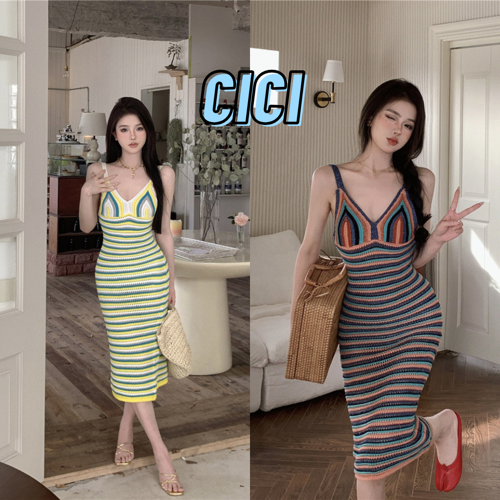 ส่งทันที Cici(NO. T2219)เดรสยาวสายเดี่ยว ลายทาง ผ้าไหมพรมถัก โชว์หลัง ใส่แล้วเข้ารูปดูดีมาก