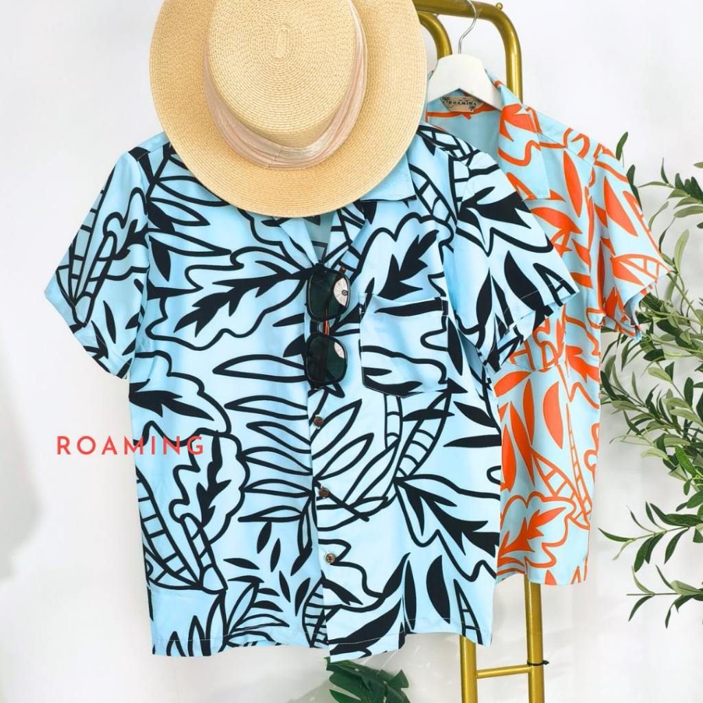 ROAMING HS08 เสื้อฮาวาย เสื้อครอบครัว ผ้าไหมอิตาลี ยับยาก ไม่ต้องรีด Italian Silk Hawaiian Shirts (ใบไม้ดำพื้นฟ้า)