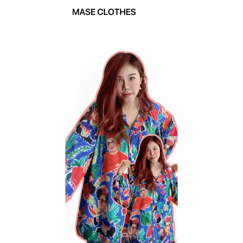 เสื้อเชิ๊ตฮาวาย พร้อมส่ง  💕แขนยาว ผ้าพิมพ์ลาย oversize กระดุมแรงเม็ด ปลายแขนพอง ดึงยาง งานสวยงาม อก 54” ยาว 28”
