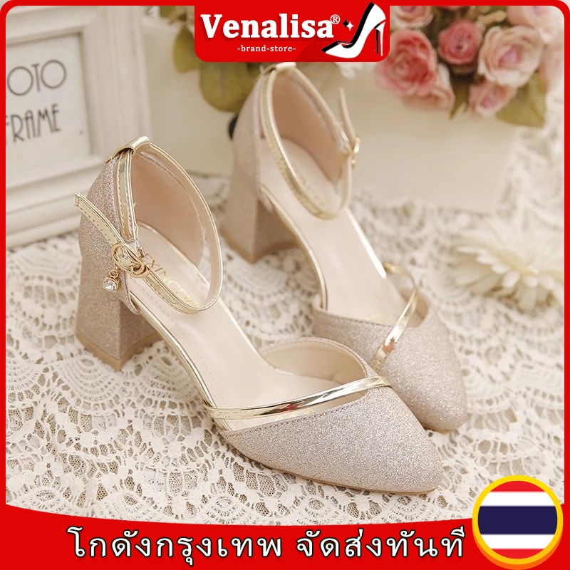 🧡พร้อมส่ง🧡รองเท้าส้นสูงผู้หญิงหนังแท้แฟชั่น วัสดุมันวาว 2 นิ้ว ส้นหนา งานปาร์ตี้ งานแต่งงาน
