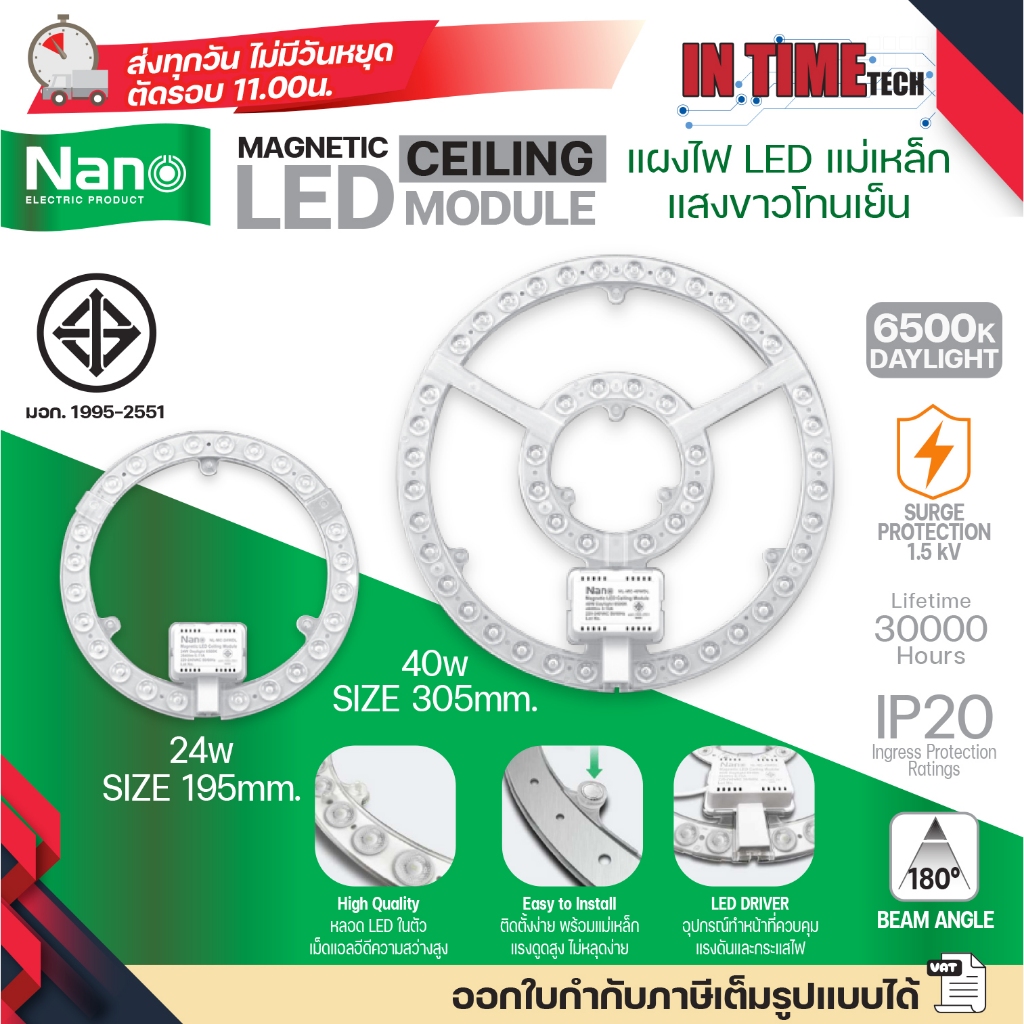 NANO แผงไฟ LED แม่เหล็ก 24w 40w ติดตั้งง่าย แสงขาว 6500K Daylight ประหยัดไฟ อายุการใช้ยาว 30000 IP20