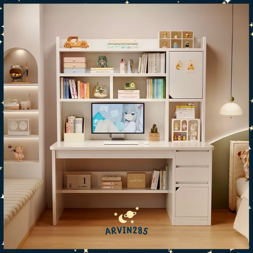 โต๊ะทำงานมีชั้นวางของ โต๊ะคอมพิวเตอร์ ทำการบ้าน จัดเก็บได้เยอะ สีขาวสวยมินิมอล Computer Desk