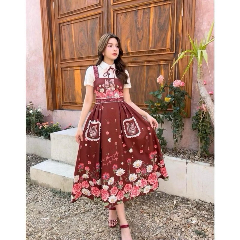 BLT BRAND : เดรสยาวสีแดงพิมพ์ลาย งานตามหา XL มือ1