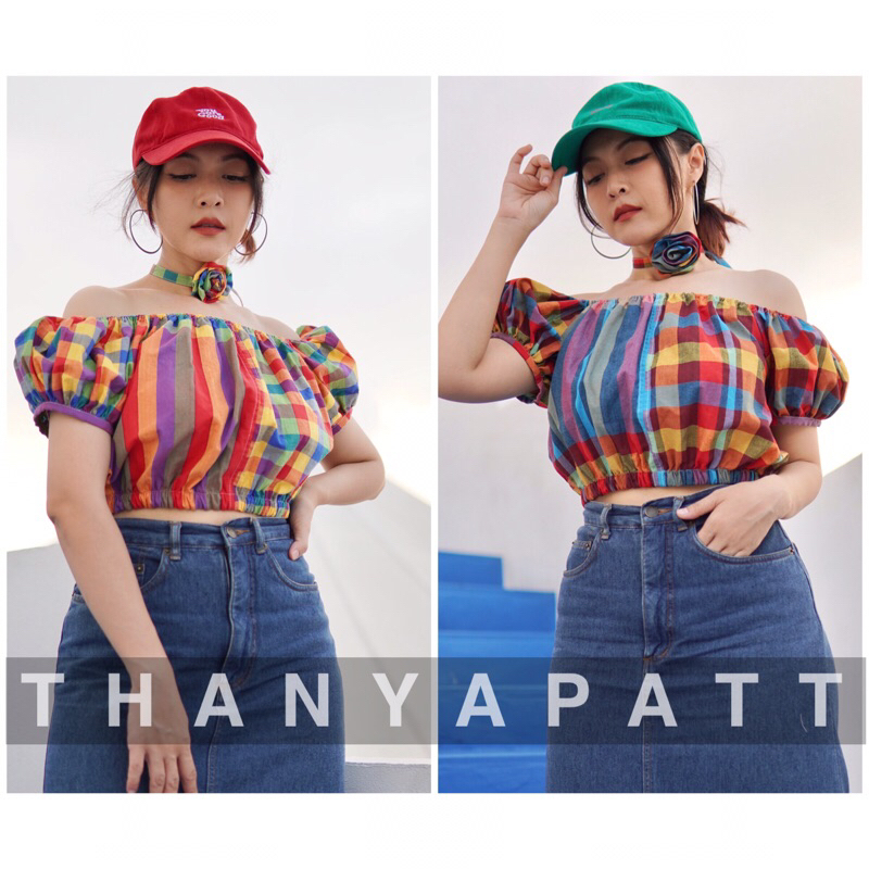 เสื้อเปิดไหล่ ผ้าขาวม้า+Choker ดอกไม้ Handmade ไม่ซ้ำใคร