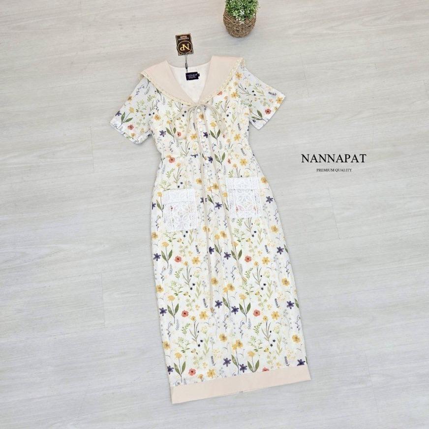 Nannapat ANP145 ชุดเดรสฉลุคอปกพิมพ์ลาย สีขาว ชุดไปเที่ยว ชุดไปคาเฟ่ ชุดไปทะเล