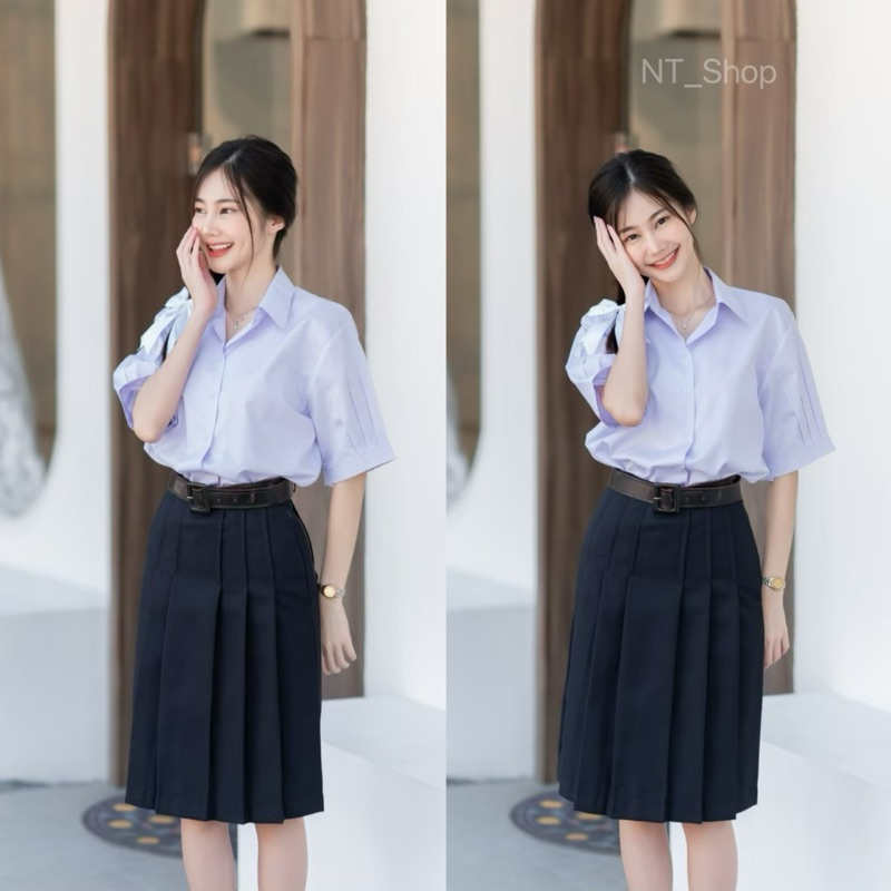 🦋กระโปรงนักเรียนม.ปลาย”ผ้ามันดีวาย”สีกรมเข้มทรงแคบ”มียาว22,23,24,25,26”ตีเกร็ด5.5(มีบิลให้) รูปที่ 5