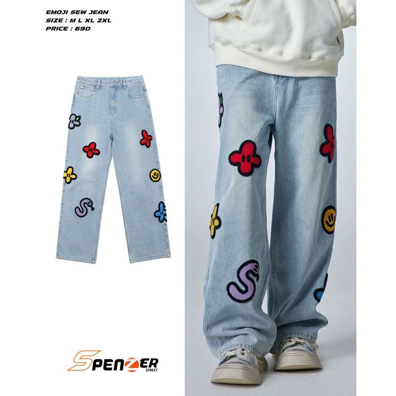 [พร้อมส่ง] Spenzer.street |  Emoji Sew Jean 🖤 กางเกงทรงกระบอก เสื้อผ้าสตรีท เนื้อผ้าดี คุณภาพแน่น ฮิ