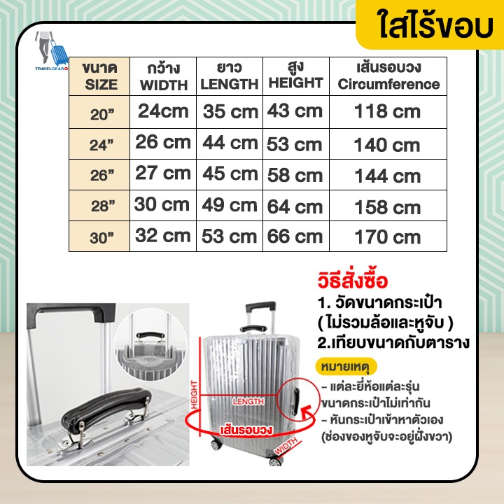 TravelGear24 PVC พลาสติกคลุมกระเป๋าเดินทาง ไร้ขอบ เนื้อหนา 20 / 24 / 26 / 28 / 30 นิ้ว กันน้ำ กันรอย - A0171 / A0173