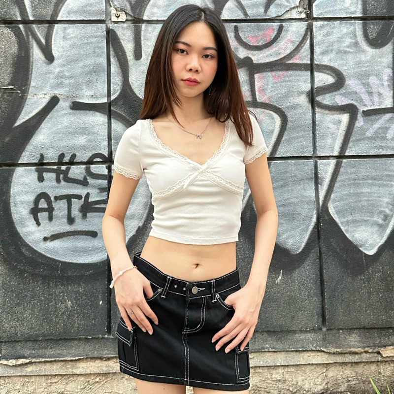 Mabeau - Cargo jean mini skirt กระโปรงคาโก้เอวต่ำ