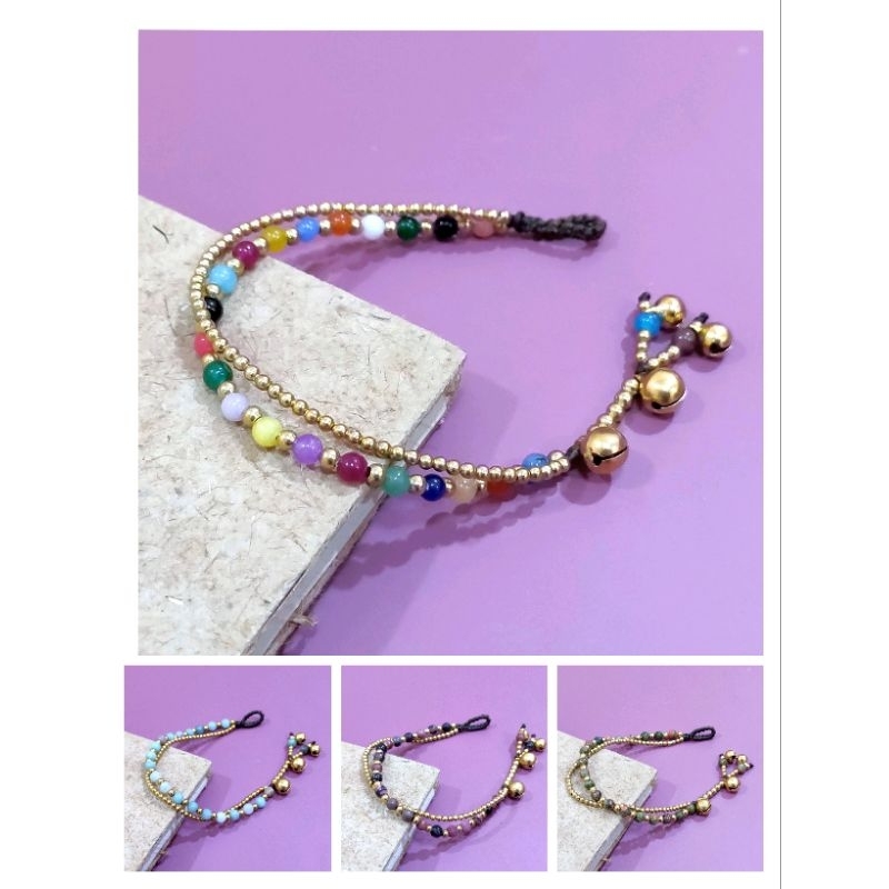กำไลข้อมือหิน สร้อยข้อมือแฮนด์เมดแบบเส้นคู่ ข้อมือเชือกถักหินมงคล ใส่กระดิ่ง