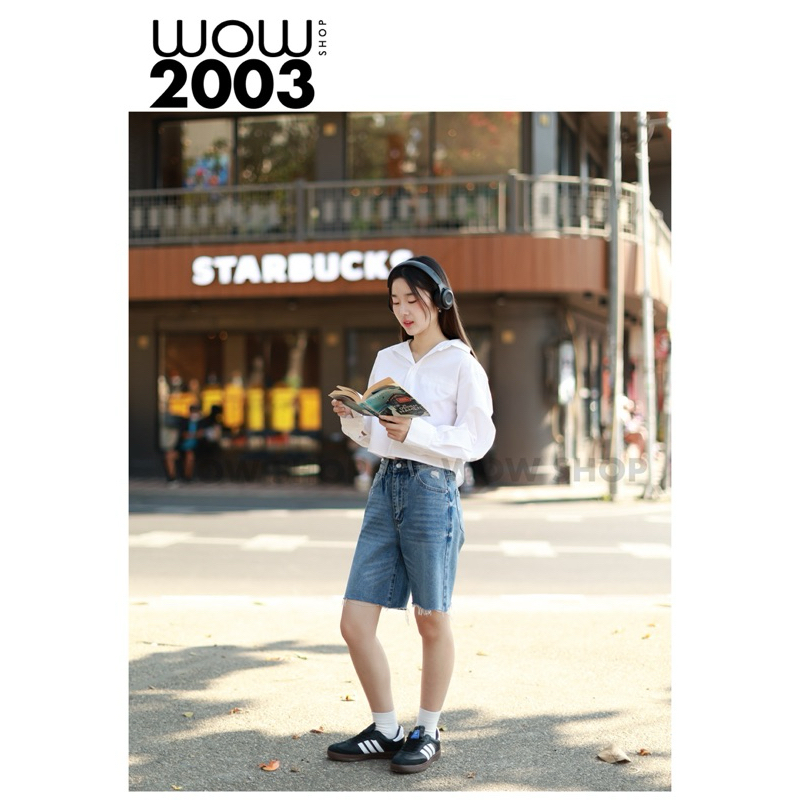 กางเกงขาสั้นสามส่วน เอวสูง ปลายขาตัด แต่งขาด #WW2003 - รูปที่ 2