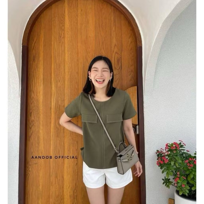 Aandob (2nd) : LL Top เสื้อคอกลม ทรงปล่อย สีเขียว