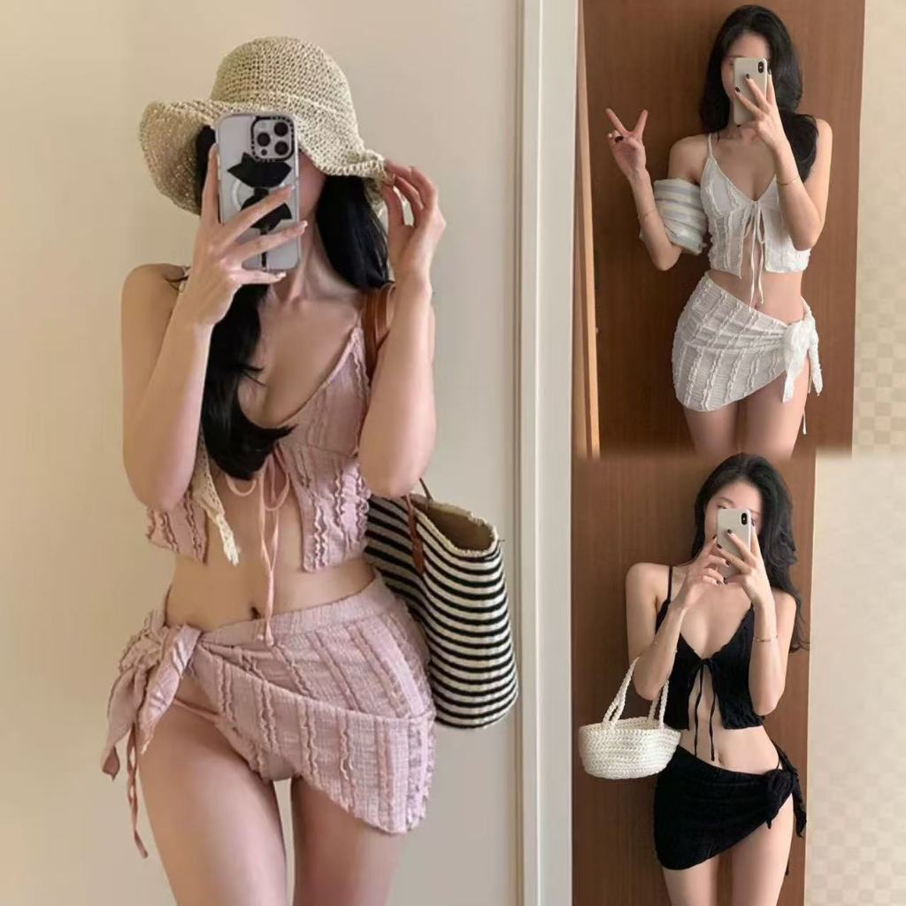 🌸พร้อ​มส่ง🌸Sexy bikini ชุดว่ายน้ำบิกินี่ ชุดว่ายน้ำ 3 ชิ้น ลายทาง ผ้าแห้งเร็ว แฟชั่นเกาหลี แบบใหม่