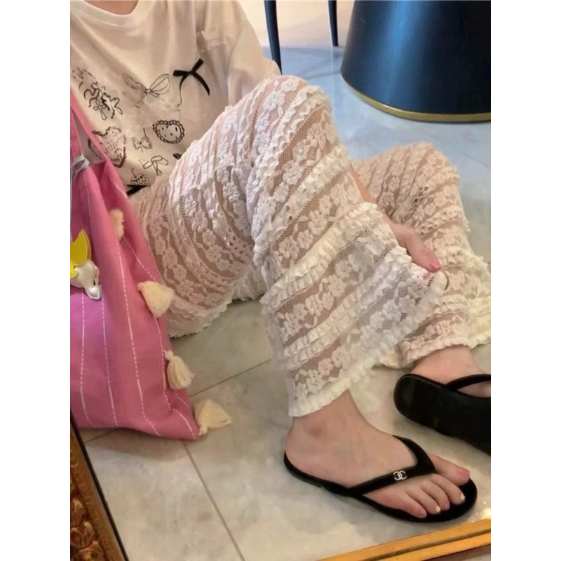 กางเกงขาม้าเนื้อผ้าลูกไม้ยืดได้ แต่งลายดอกกุ๊นลาย เอวเป็นยางยืด #2817 - รูปที่ 3