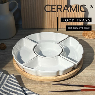 ถาดออเดิร์ฟ 5 ช่อง สีขาว ถาดหลุมเซรามิค เกรดA พร้อมถาดไม้หมุ…