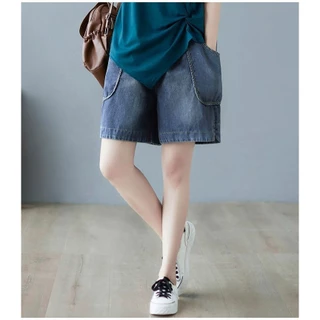กางเกงยีนส์ขาสั้น S-10XL เอวสูงผ้ายีนส์นิ่ม เอวสม็อคทรงหลวมขากว้าง ดีไซน์แต่งกระเป๋าข้าง