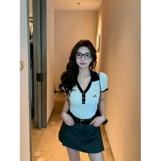 Vogue🌟พร้อมส่ง🌟 เสื้อครอป ไหมพรม แขนสั้น คอกลม สีขาวดำ (W-J069)