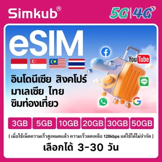eSIM Indonesia&Singapore&Malaysia&Thailand ใช้ได้ใน 4 ประเทศ เน็ต 3-50GB รองรับ 5G/4G เลือกได้ 3-30 วัน