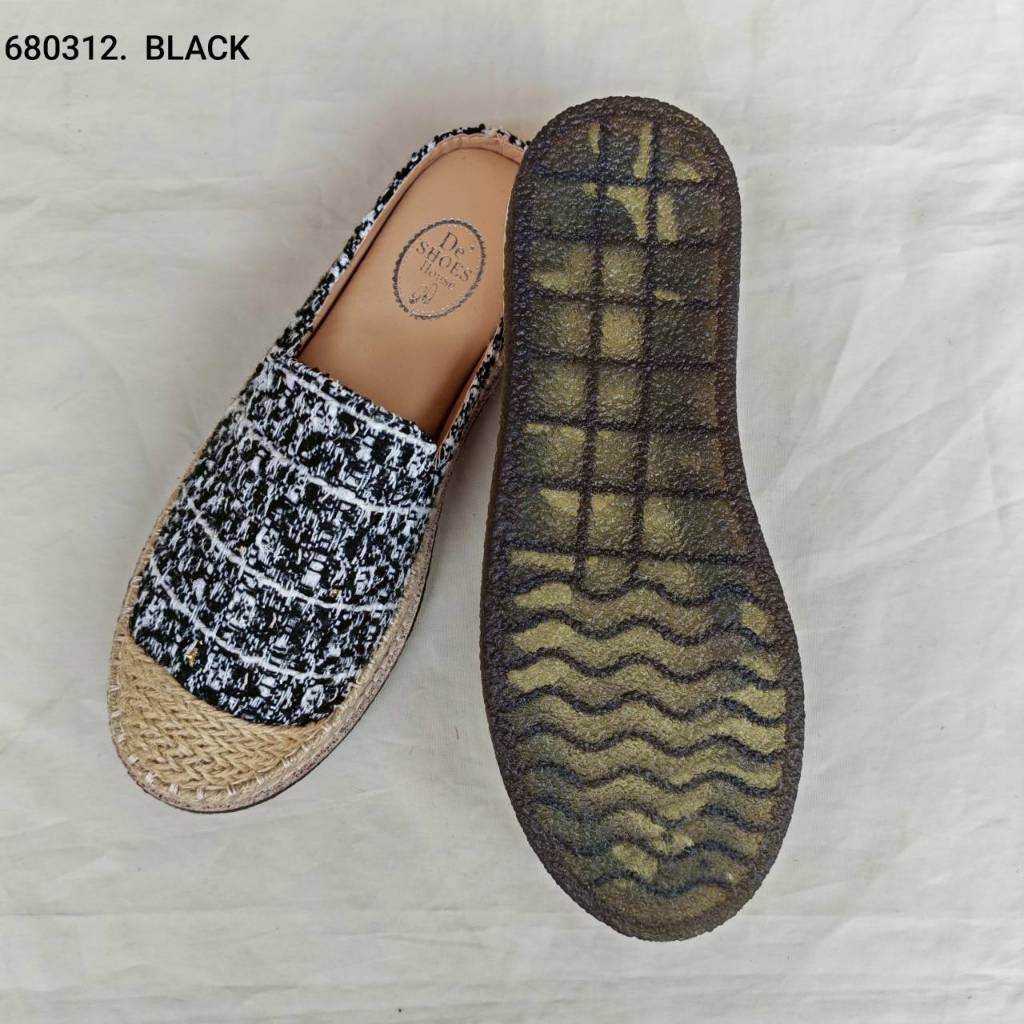 แนะนำ+1ไซด์ รองเท้าแตะเปิดส้นผ้าทวิต de shoes เย็บขอบเชือกปอพื้นด้านล่างเป็นยางซิลิโคนหนาอย่างดีไม่ลื่น เดินสบาย 680312