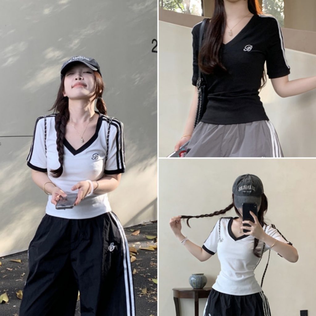 Beryl 🌻เสื้อยืดสวยๆผู้หญิง✨เสื้อยืดแขนสั้น ดีไซน์คอวี สไตล์เกาหลี สีพื้น สไตล์สปอร์ต ทรงเข้ารูป
