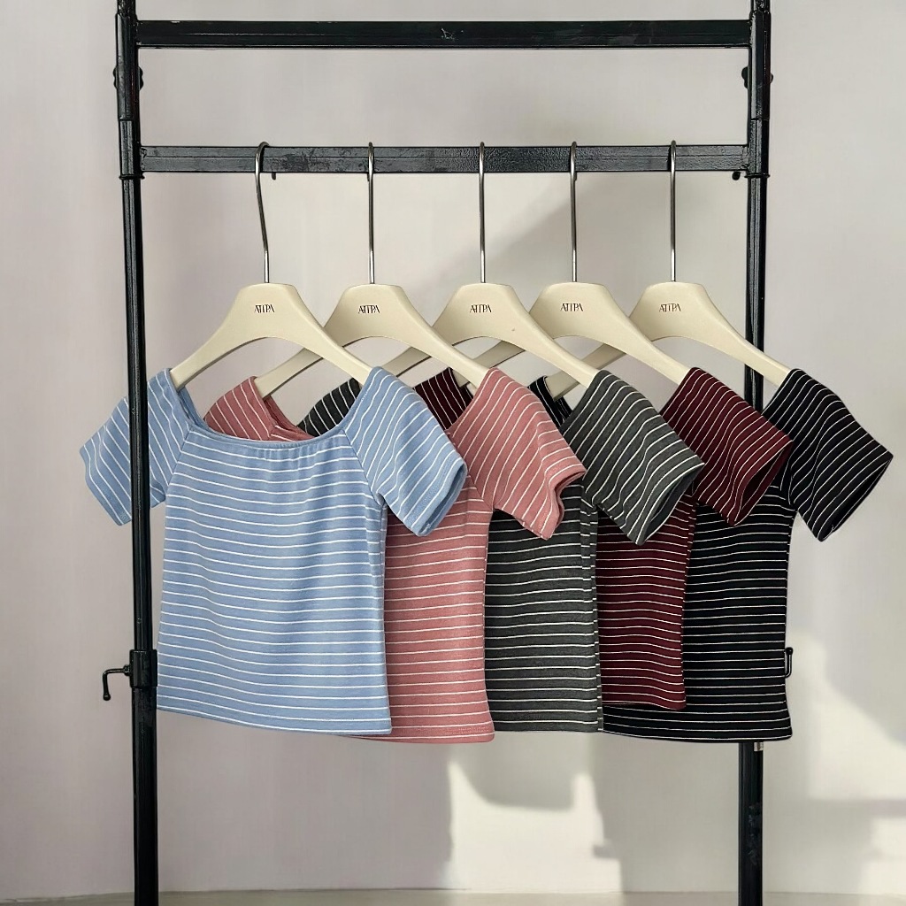 Atipashop - BENUA STRIPE TOP เสื้อปาดไหล่ แขนสั้น ลายทาง
