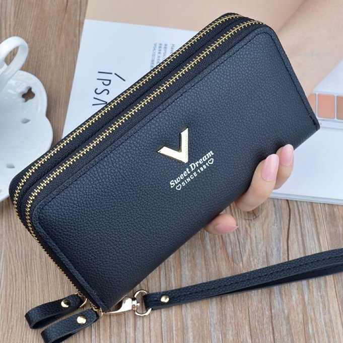 กระเป๋าสตางค์ใบยาว2ซิปโลโก้ V กระเป๋าแฟชั่นสำหรับผู้หญิง (GC-001)
