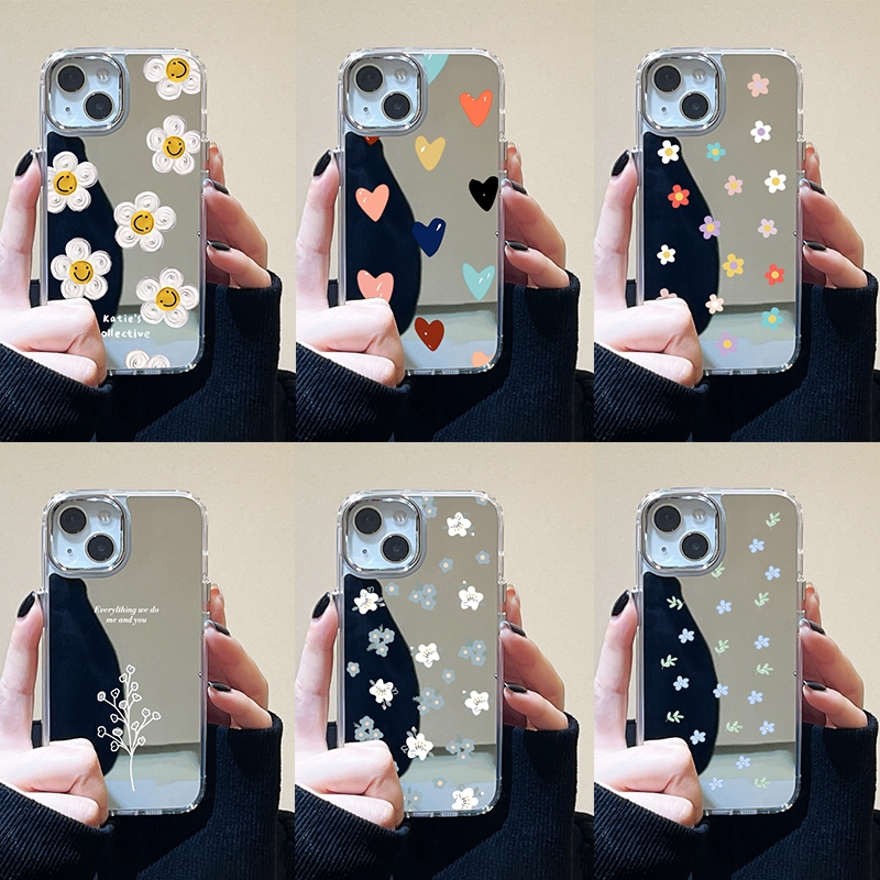เคสโทรศัพท์มือถือแบบกระจก For IPhone 16 11 Pro Max 12 13 14 15 Pro Case เคสไอโฟน ลายดอกไม้ กรณีโทรศัพท์มือถือชุบกระจก