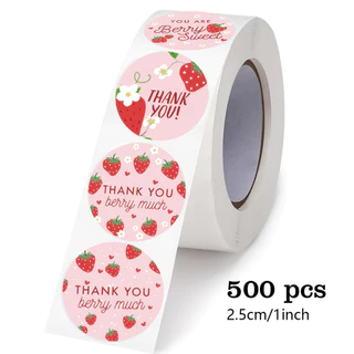 (e32) สติกเกอร์ขอบคุณ 1 ม้วน 500 ดวง สติกเกอร์สตอเบอร์รี่ Thank you สติกเกอร์ติดเเก้วน้ำ 2.5cm